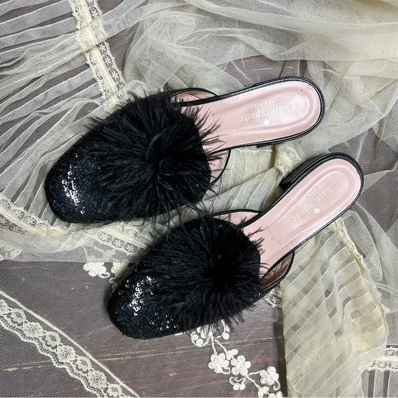 Kate Spade black sequin flat with feather details size 7.5 step un - Picture 3 of 6